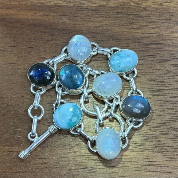 Multi Gemstone Bracelet Larimar Blue Labradorite Rainbow Moonstone Handmade 925 - Picture 6 of 9